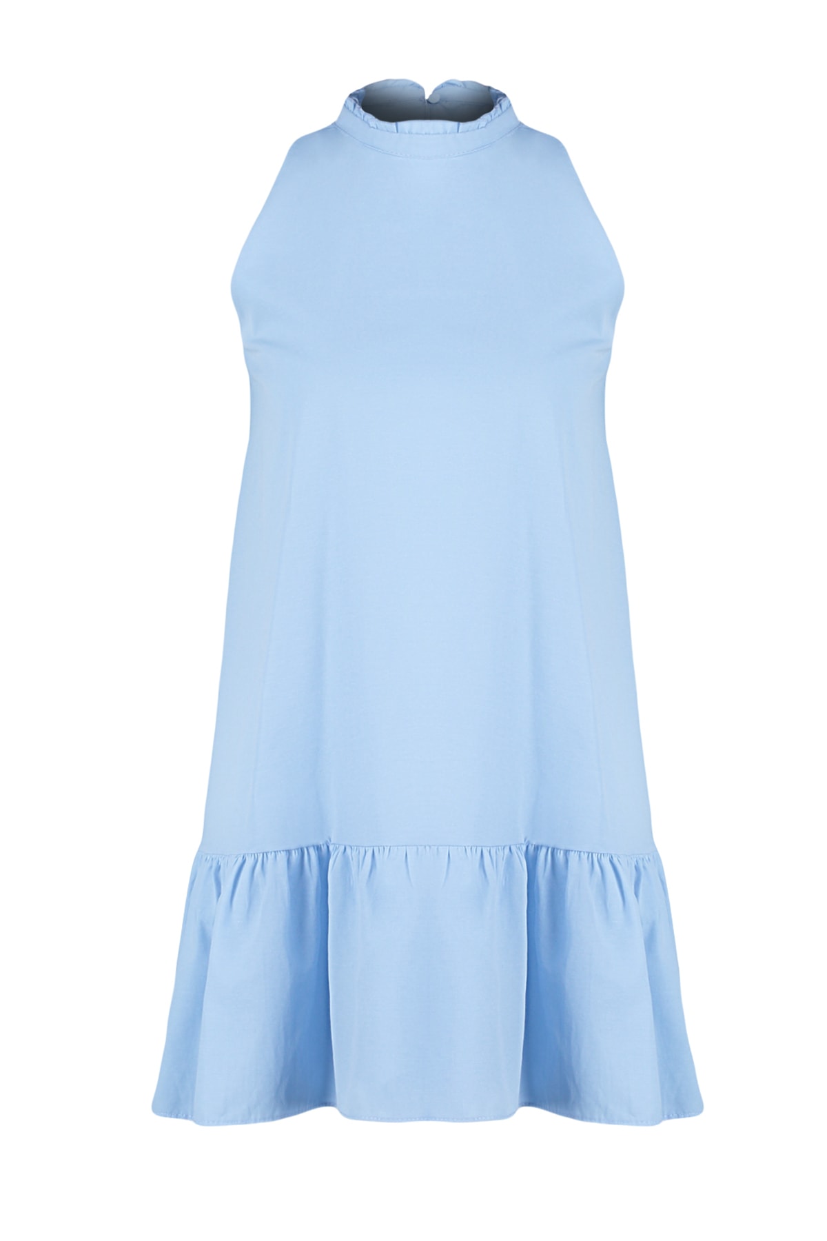 Trendyol Blue mini tkané šaty s vysokým golierom