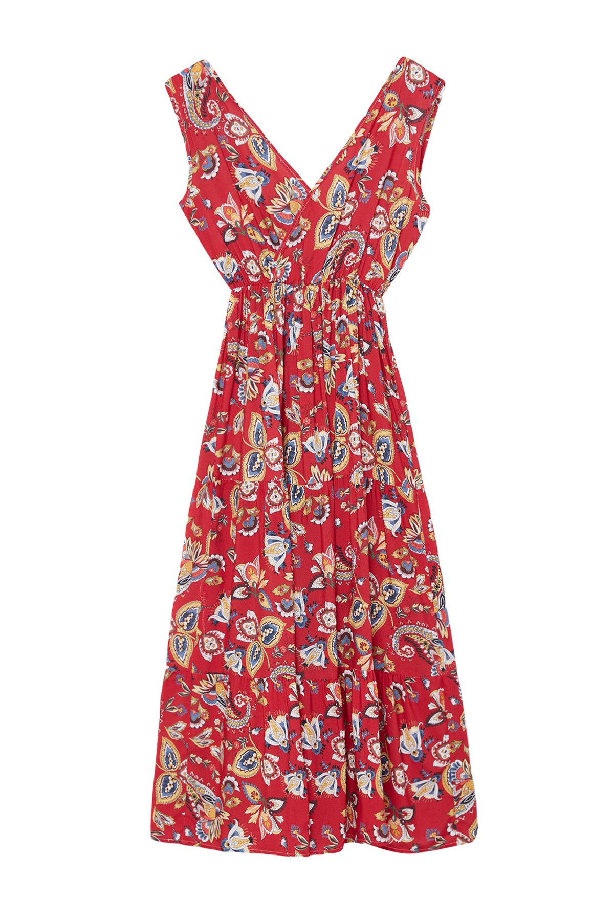 Trendyol Red Ethnic A-Line Double Breasted Neck Viscose Woven Dress