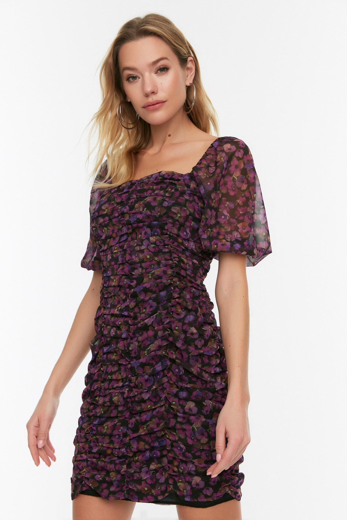 Trendyol negru țesut căptușit sifon drapat detaliu floral model mini rochie țesută