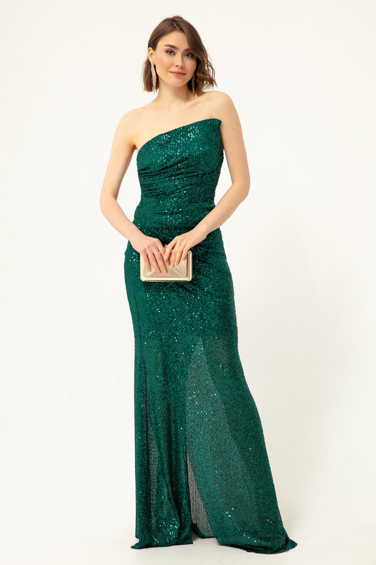 Levně Lafaba Women's Emerald Green Strapless Slit Sequined Long Evening Dress