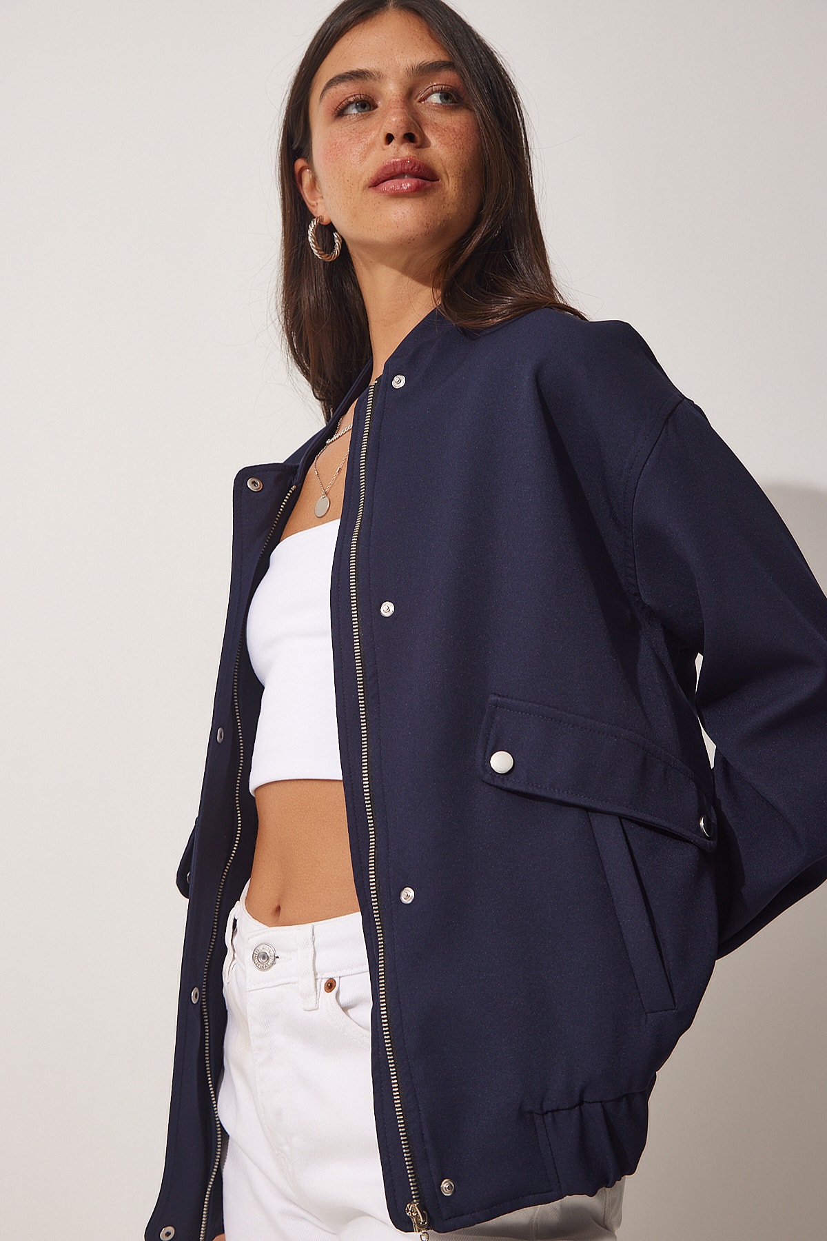Happiness İstanbul Women's Navy Blue Wide Pocket Bomber Coat
