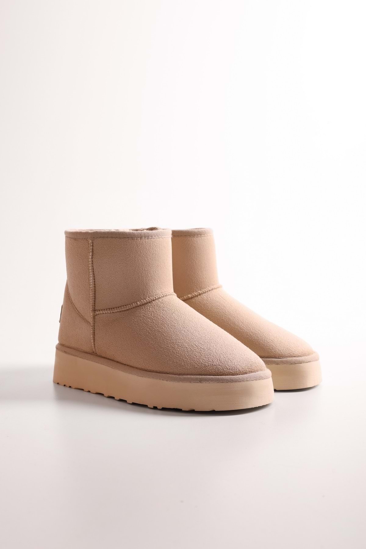 Shoeberry Women's Uggy Beige Short Suede Boots with Pile Inside Beige Textile.