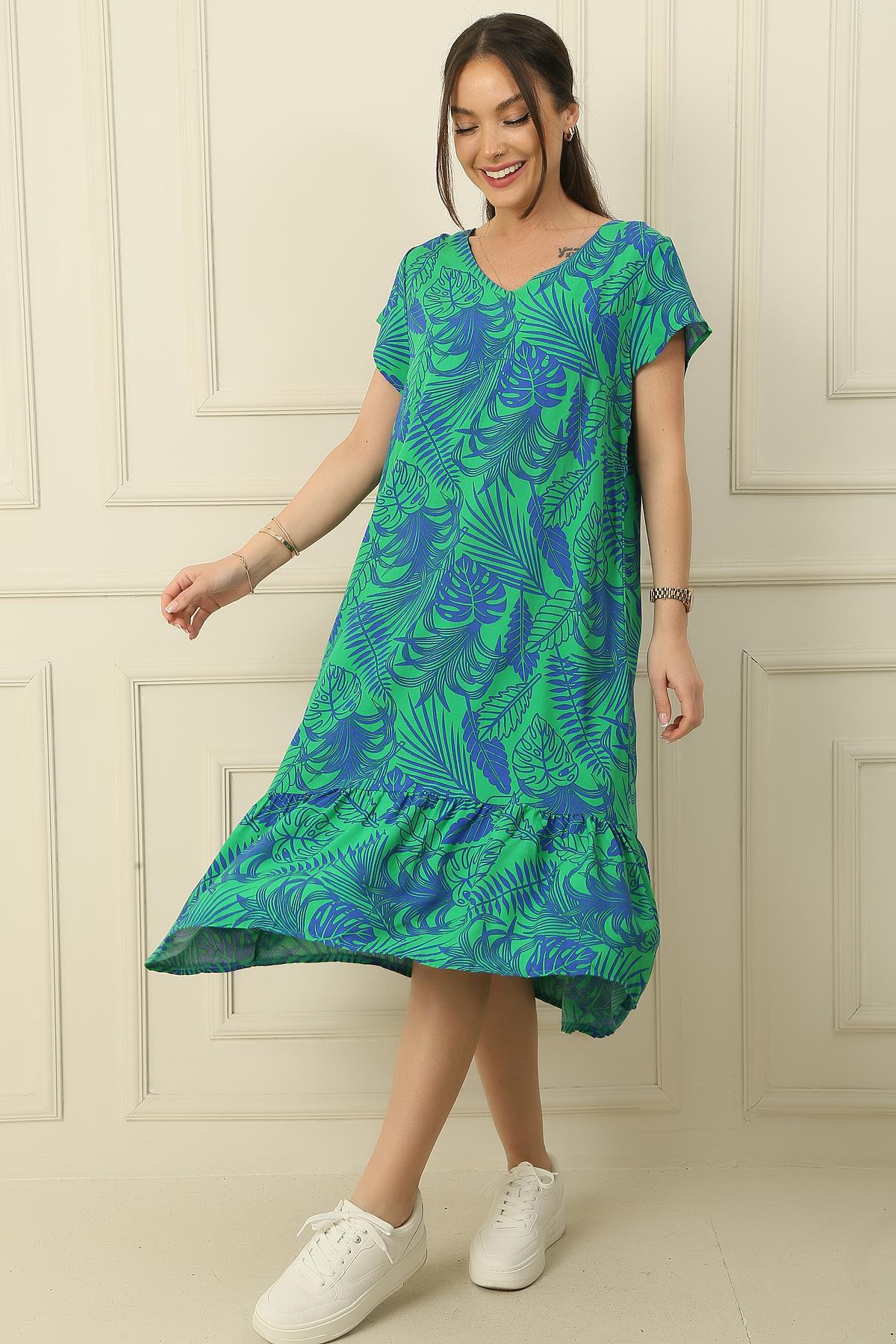 By Saygı V-neck Leaf Pattern Skirt Pleated Oversize Comfortable Fit Viscose Dress