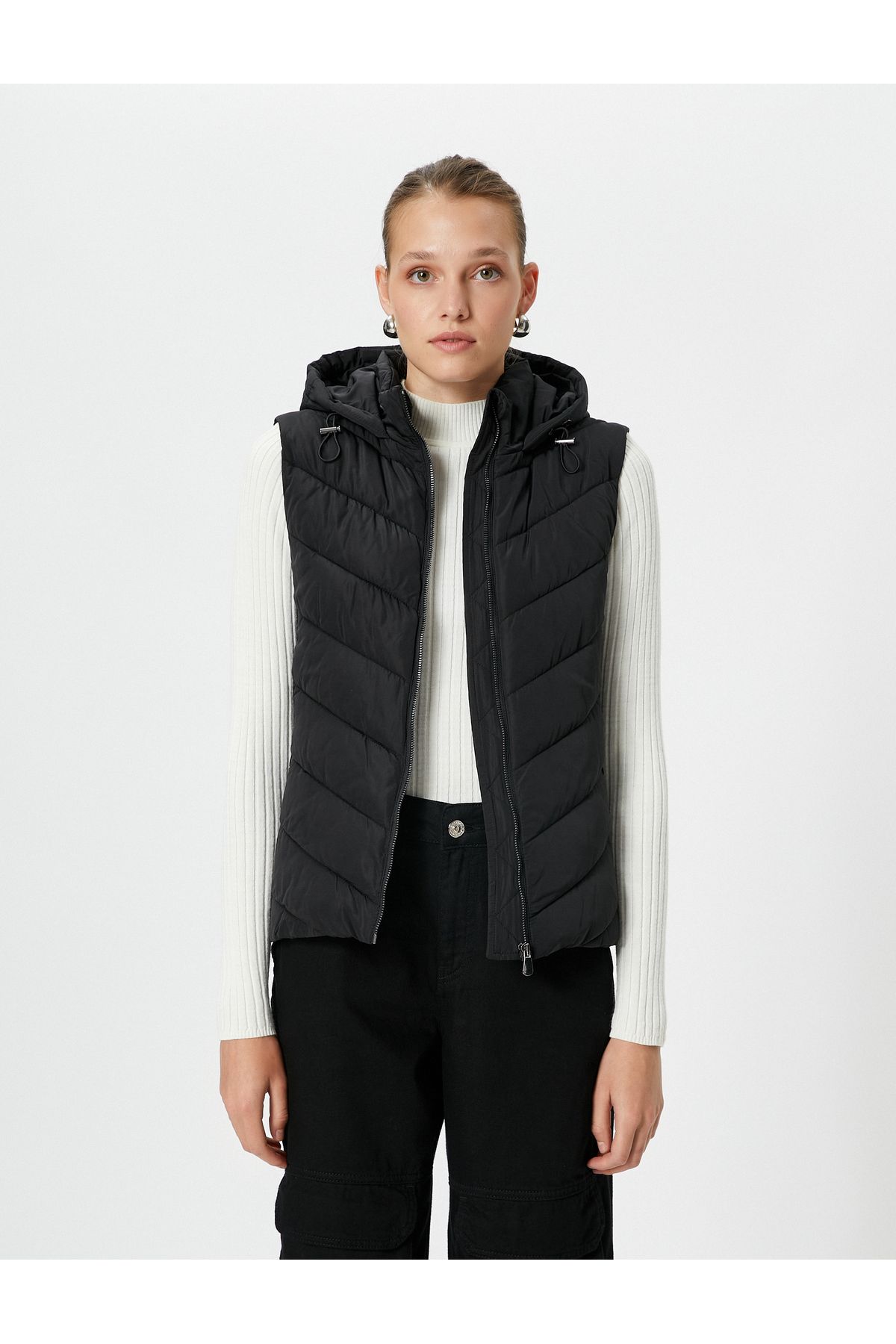 Koton Short Puffer Vest Hooded Zipper Pocket Detailed