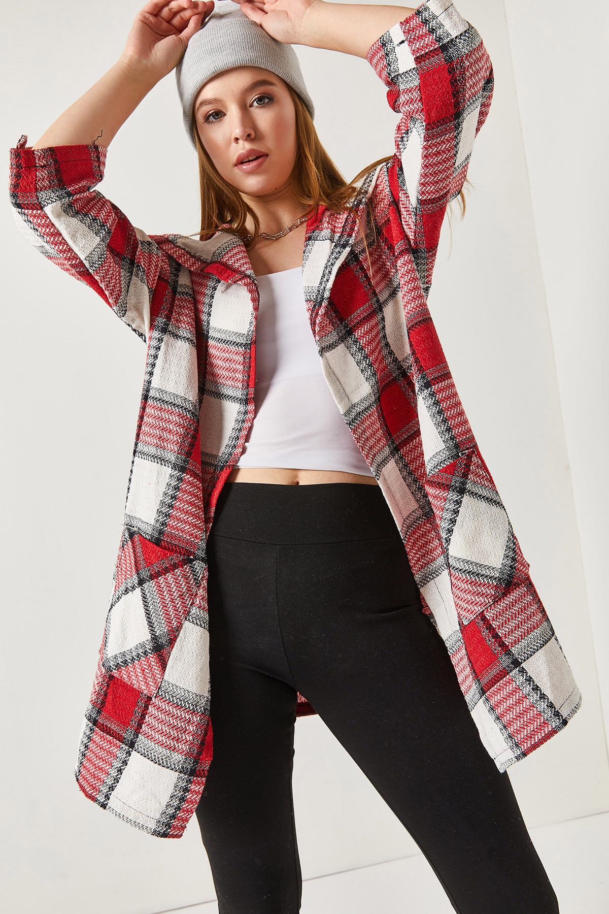 armonika Women's Claret Red Checkered Loose Jacket with Pocket