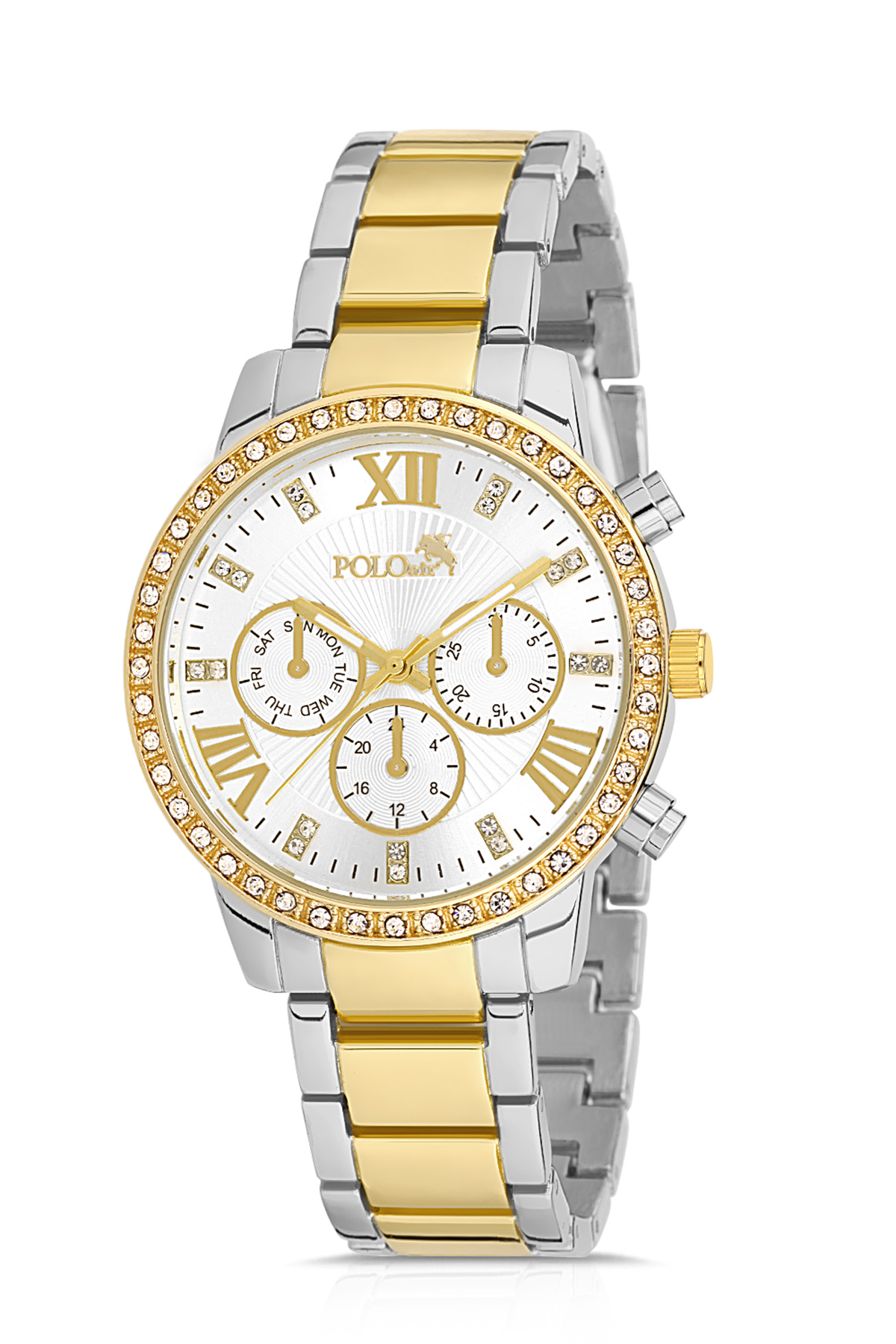 Polo Air Single Row Stone Roman Numeral Women's Wristwatch Silver-Yellow Color