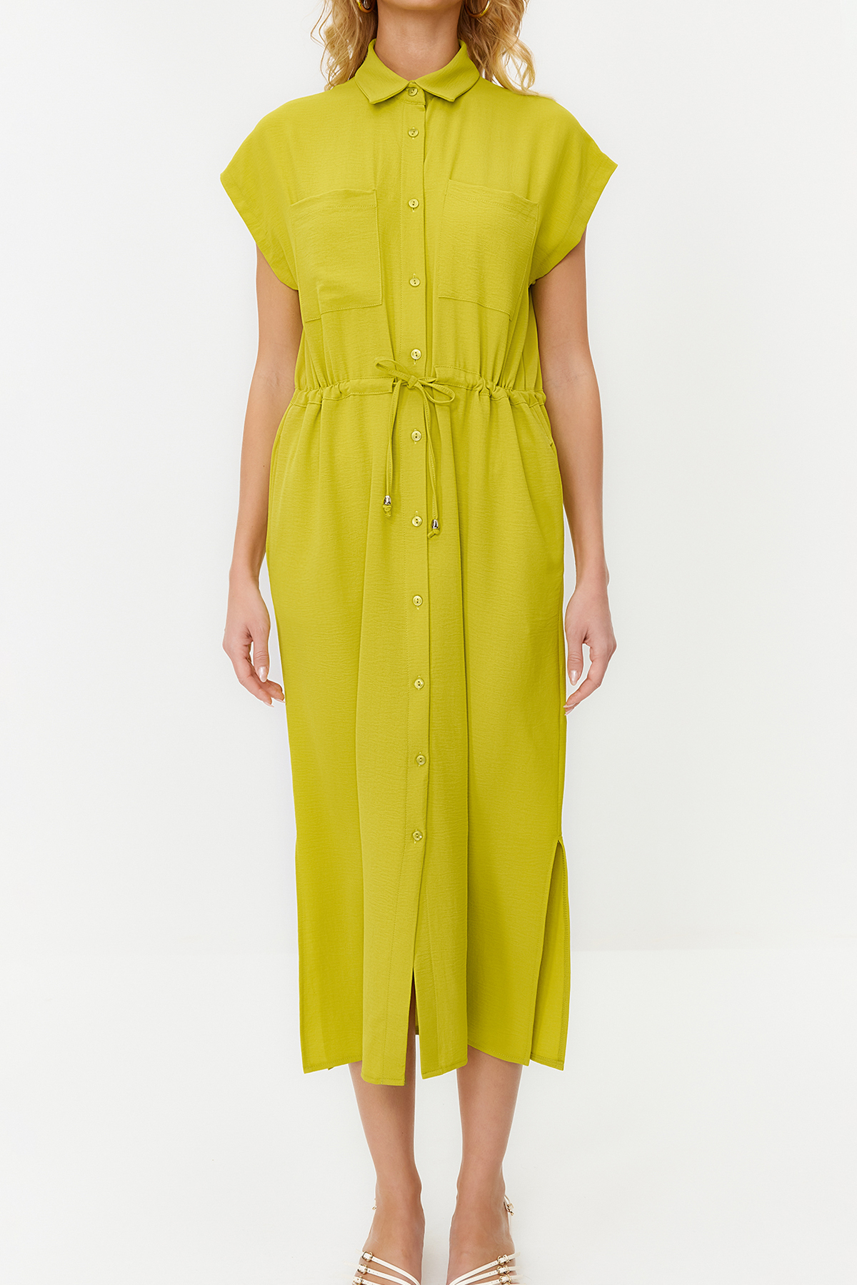 Trendyol Green Gathered Waist Pocket Detailed Aerobin Midi Woven Dress