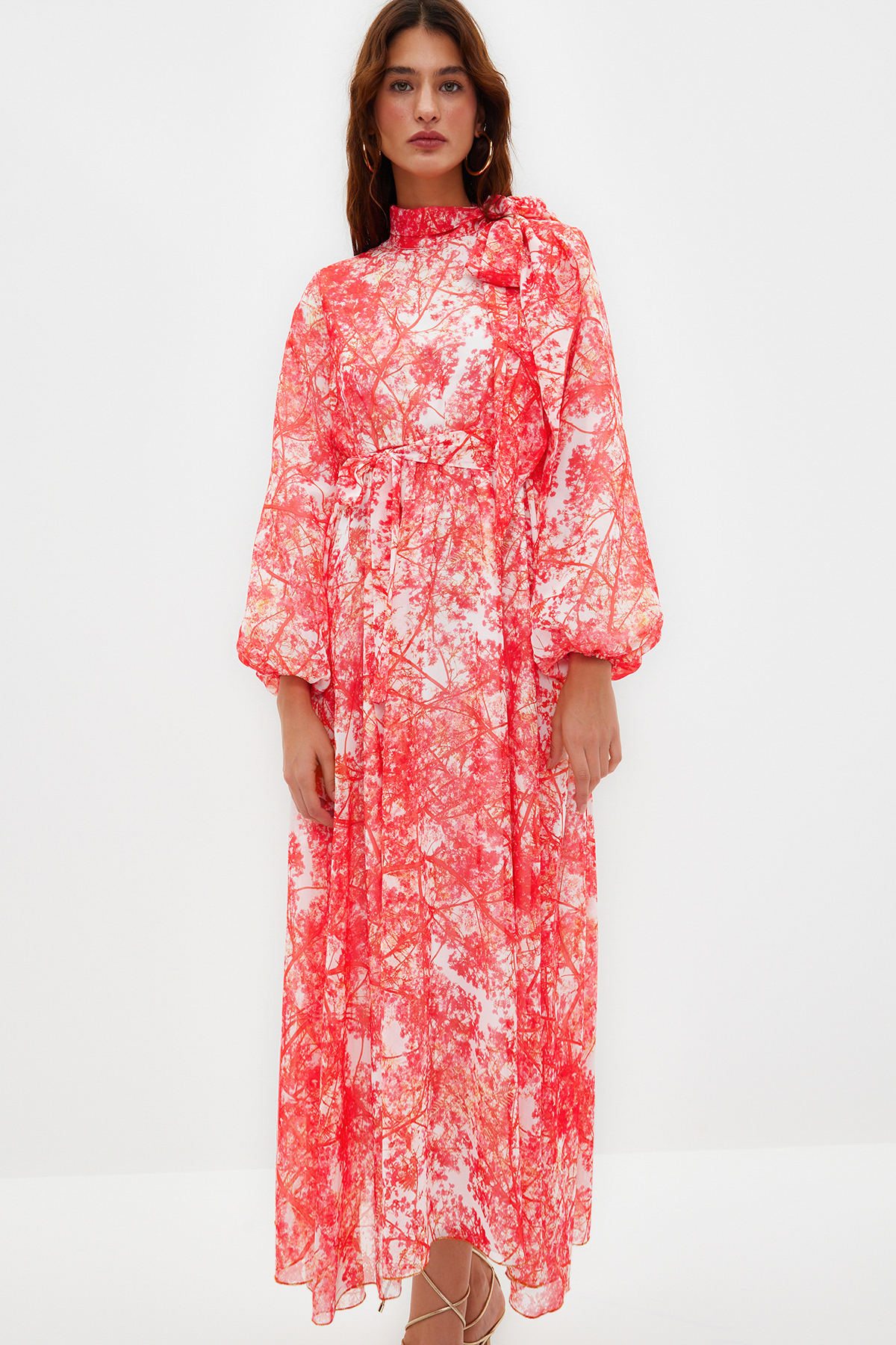 Trendyol Red Floral Patterned Lined Long Chiffon Evening Dress