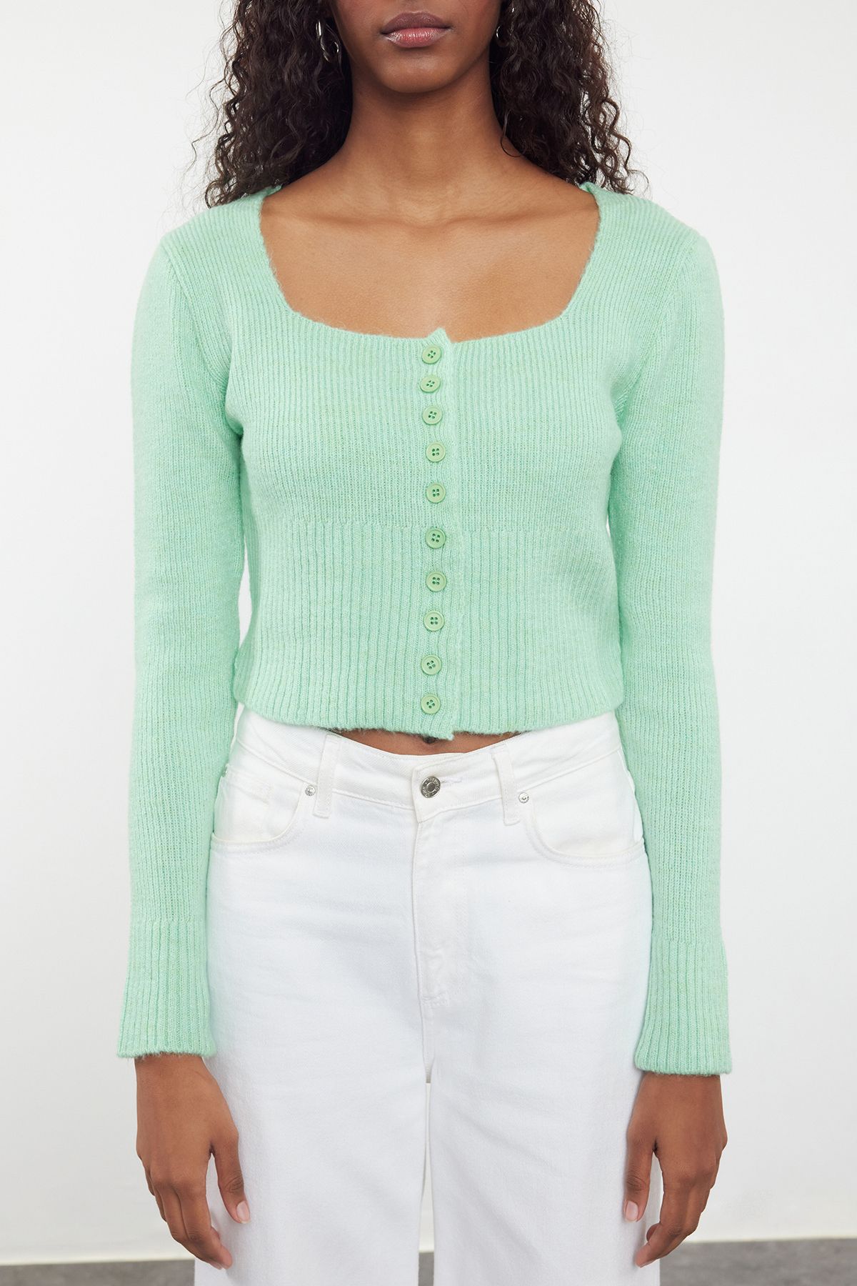 Trendyol Mint Crop Square Collar Knitwear Cardigan