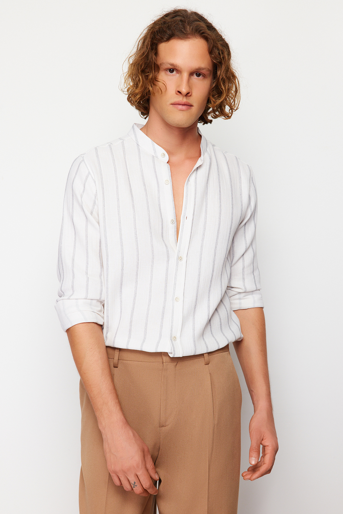 Trendyol Ecru Regular Fit Large Collar 100% Cotton Shirt