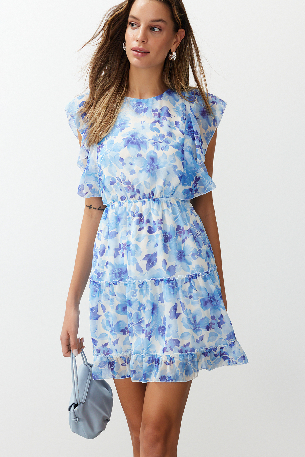 Trendyol Blue Floral Waist Opening Ruffle Mini Woven Dress