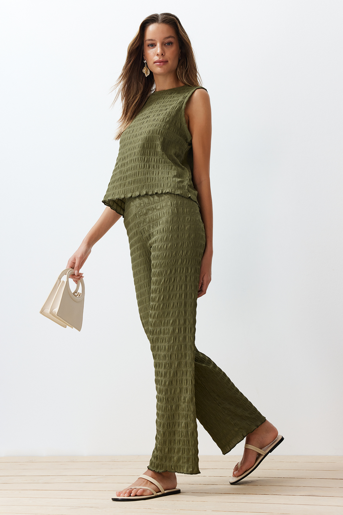 Trendyol Khaki Textured Regular/Normal Fit Zero Sleeve Flexible Knitted Blouse Trousers Bottom-Top Set