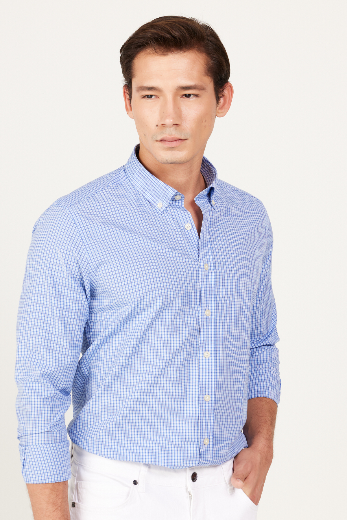Levně AC&Co / Altınyıldız Classics Men's Blue Slim Fit Slim Fit Button-down Collar Cotton Check Shirt