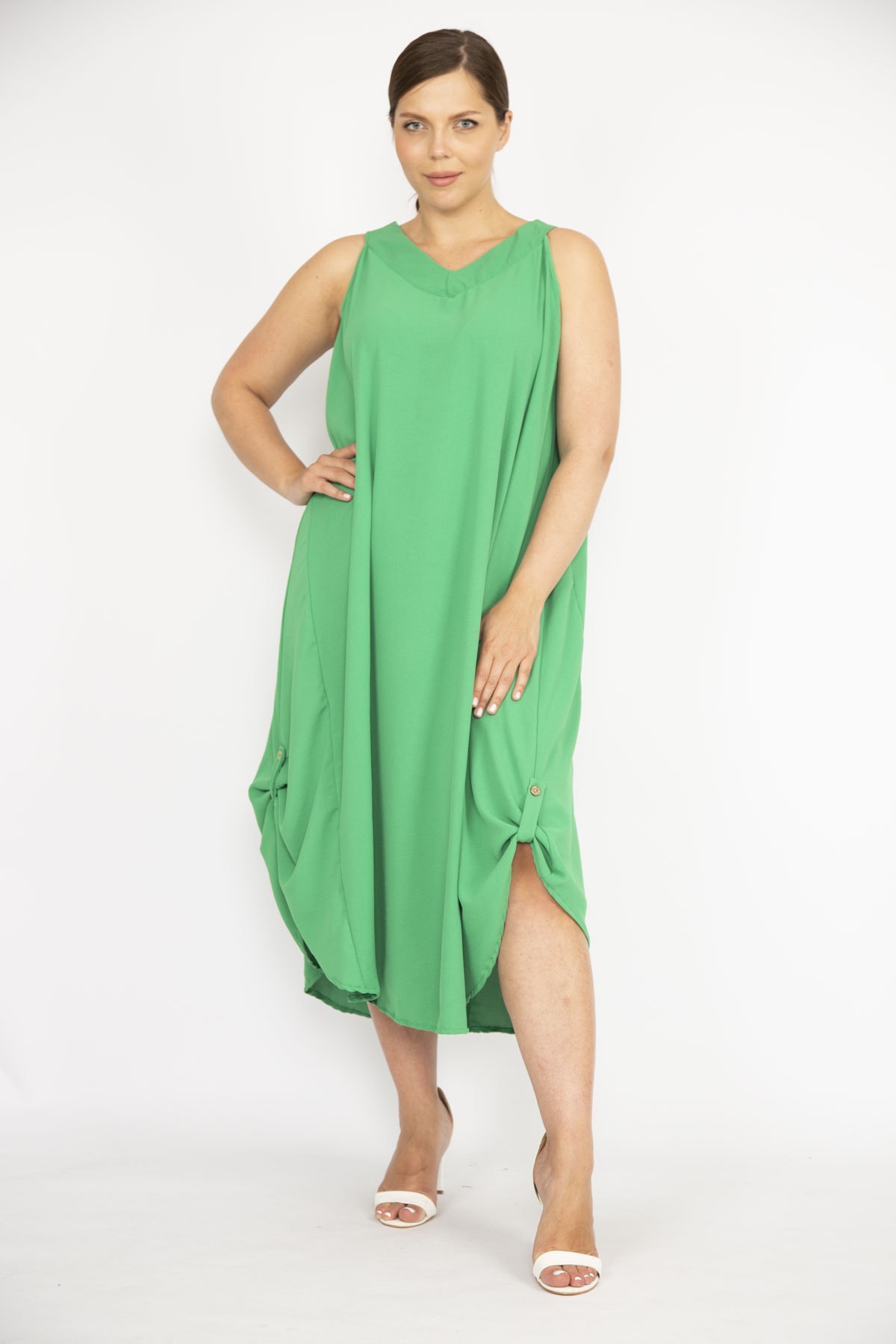 Şans Women's Green Large Size Aerobin Fabric Sleeveless Long Dress with Skirts and Epaulettes