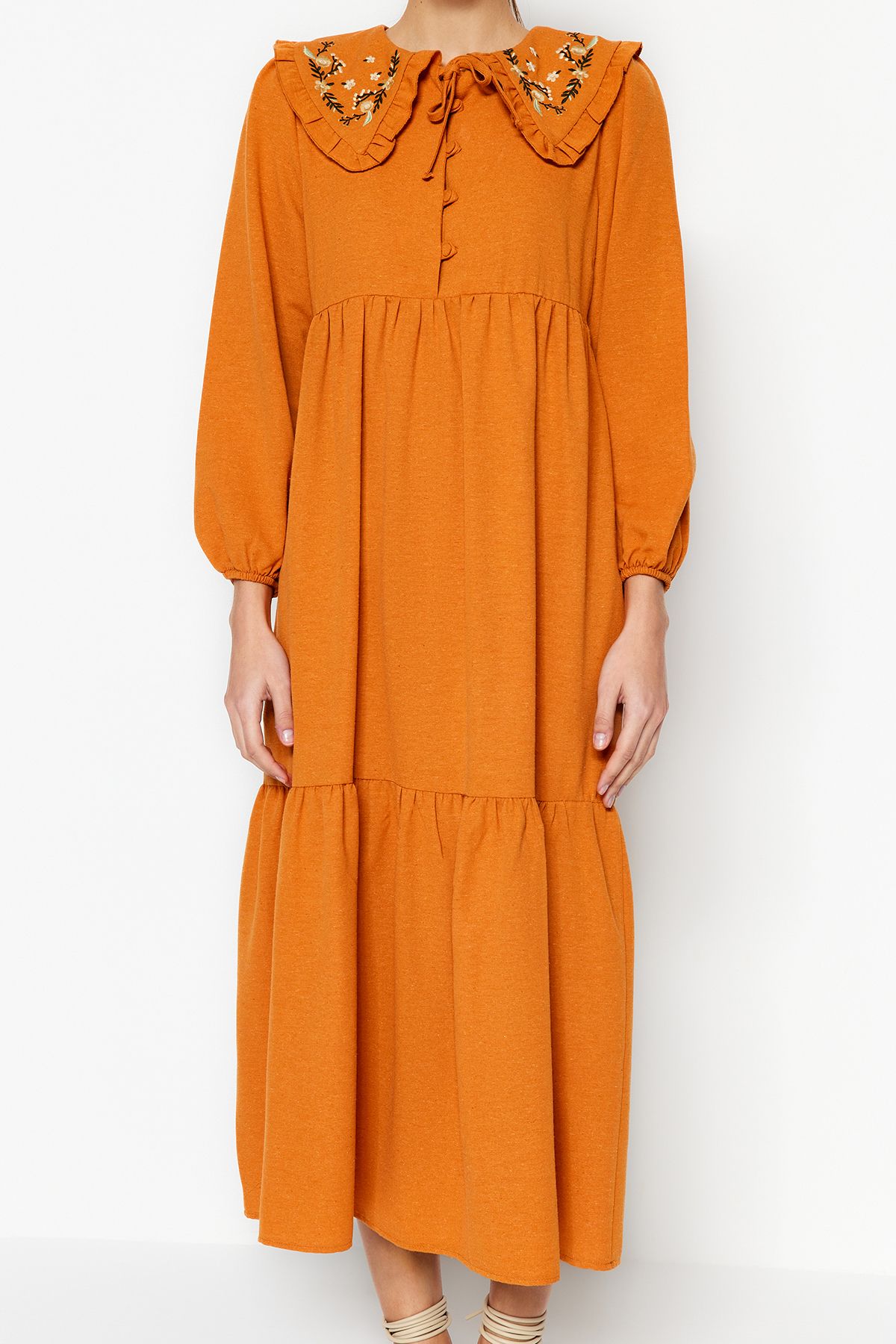 Trendyol Cinnamon Embroidery Detailed Linen Look Woven Dress