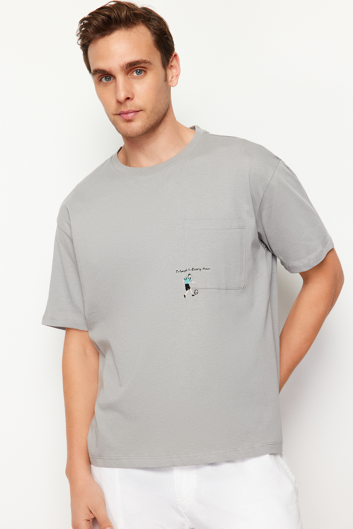 Trendyol Gray Relaxed/Casual Fit Pocket Embroidered 100% Cotton T-Shirt