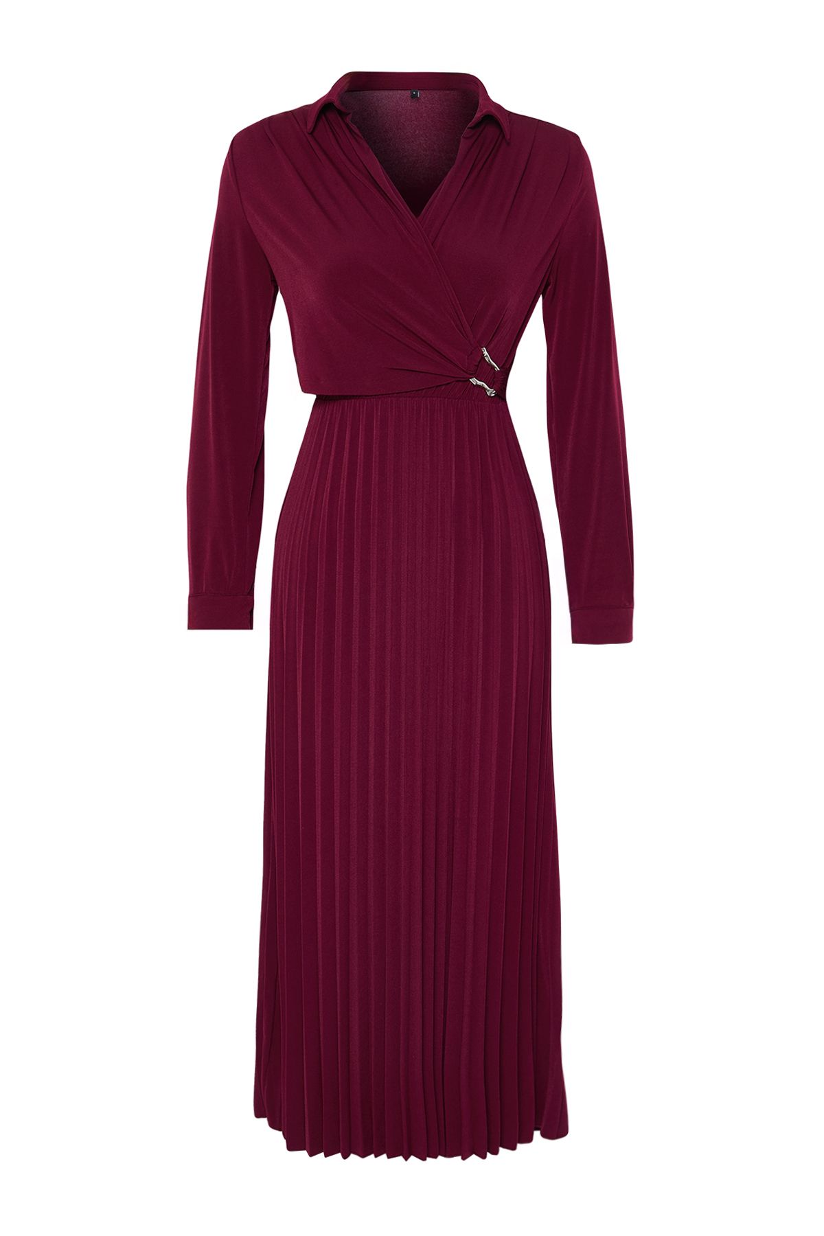 Trendyol Burgundy Double Breasted Pleated Accessory Detailed Knitted Dress