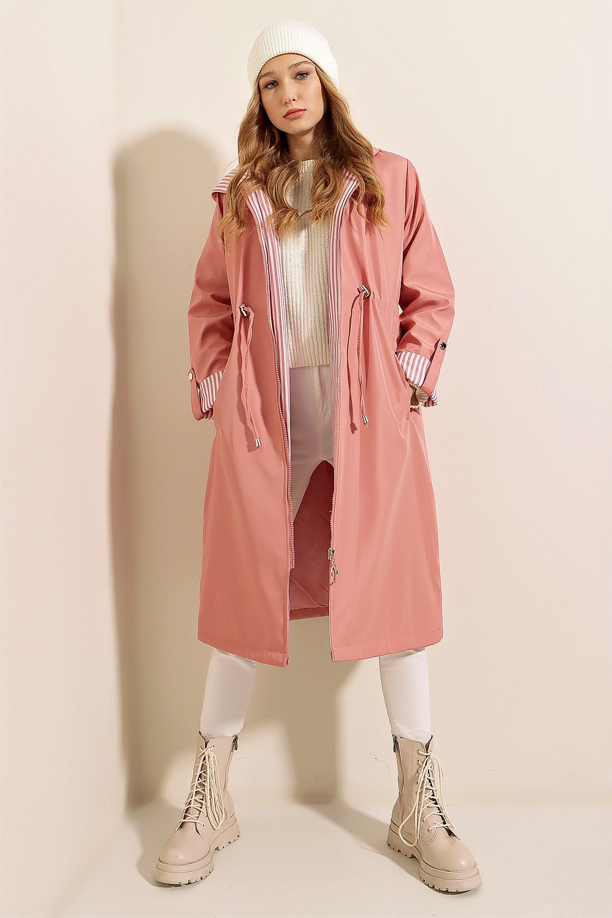 Bigdart 9091 Gathered Waist Hooded Trench Coat - Pink