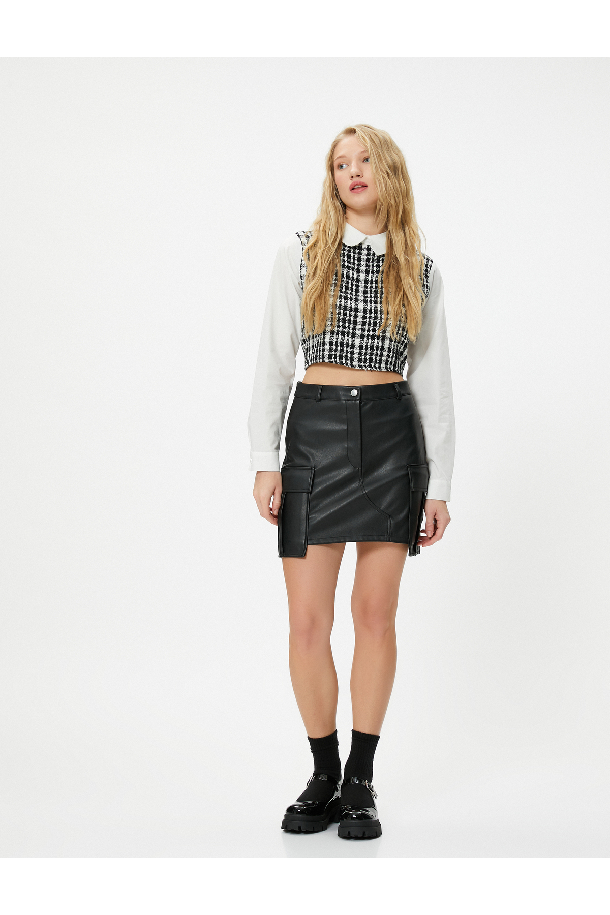Koton Cargo Faux Leather Mini Skirt with Pockets Standard Waist