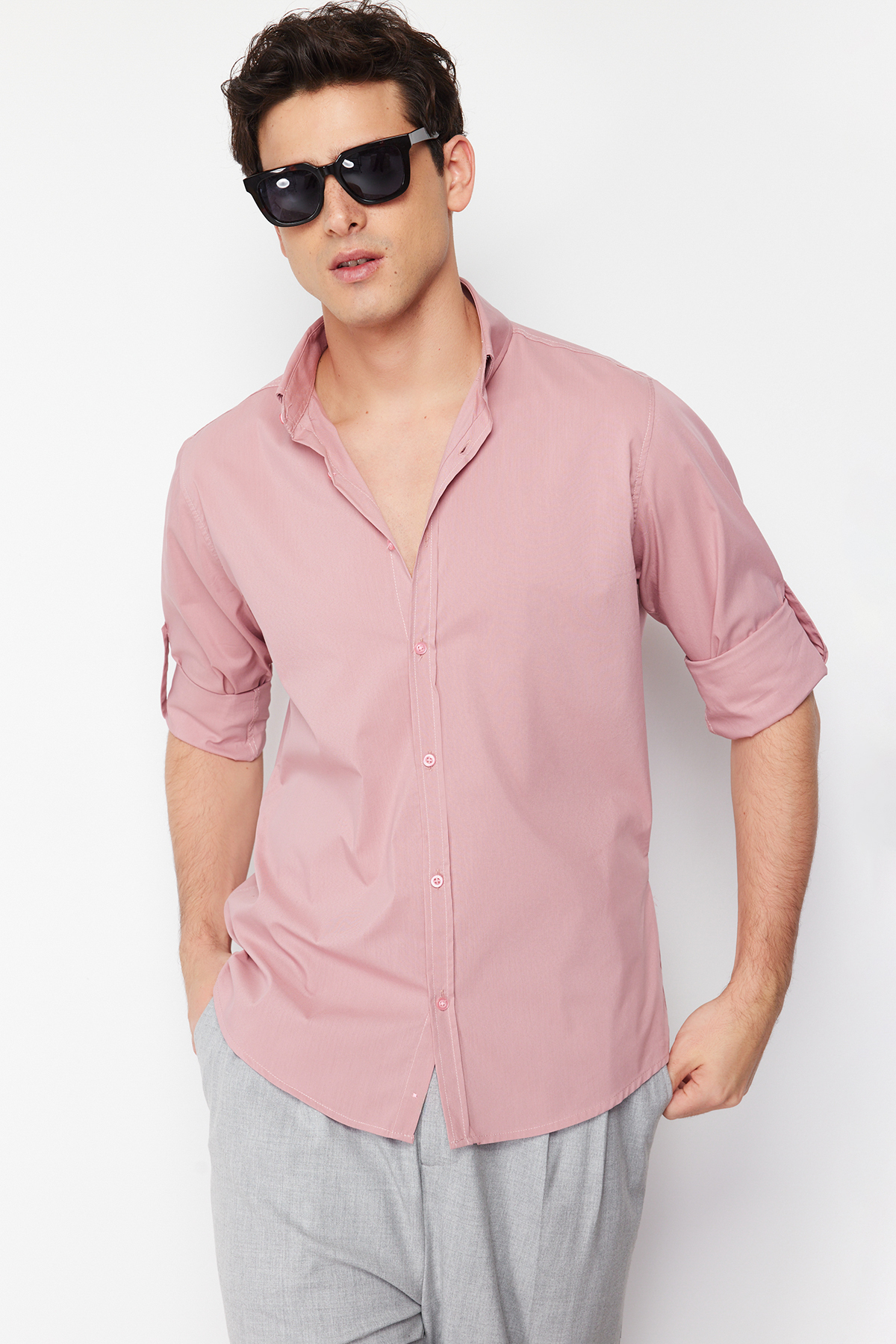 Trendyol Dusty Rose Slim Fit Shirt with Epaulets on Sleeves