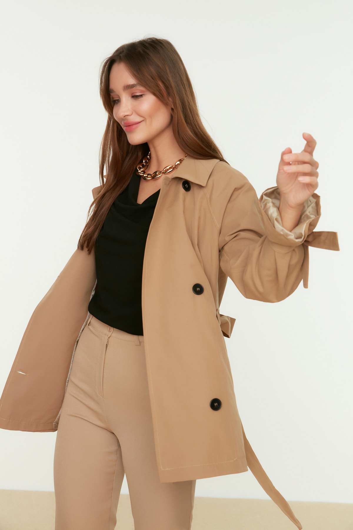Trendyol Beige Wide-Cut Oversized Lacing Detailed Trench Coat