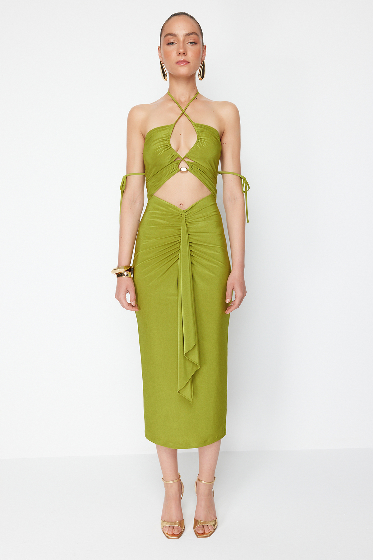 Trendyol X Zeynep Tosun Oil Green Elegant Evening Dress with Knitted Window and Accessory Detail