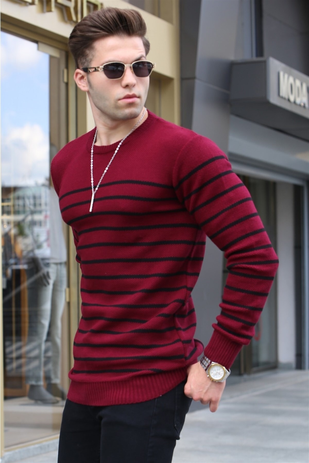 Madmext Claret Red Striped Crew Neck Knitwear Sweater 5992