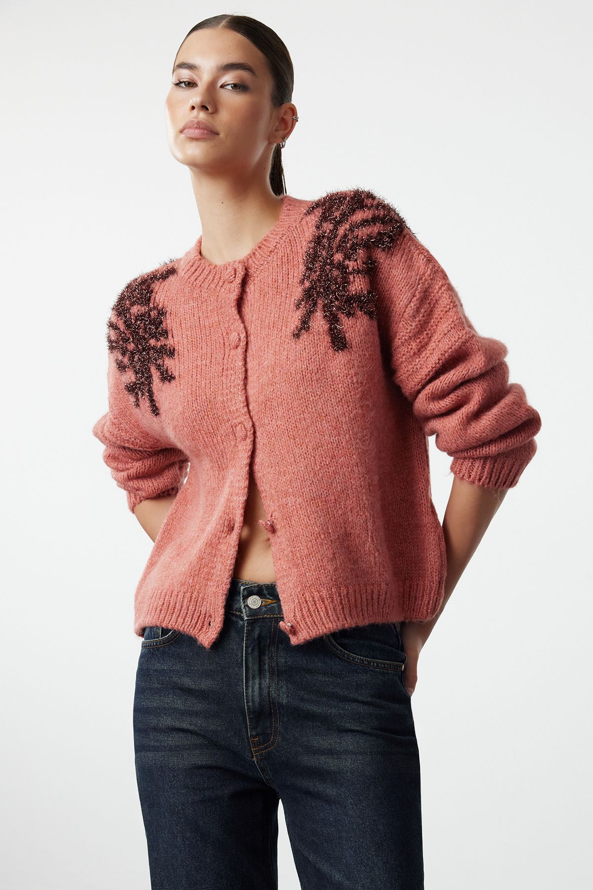 Trendyol Brick Oversize/Wide Pattern Soft Texture Shiny Glitter Embroidered Knitwear Cardigan