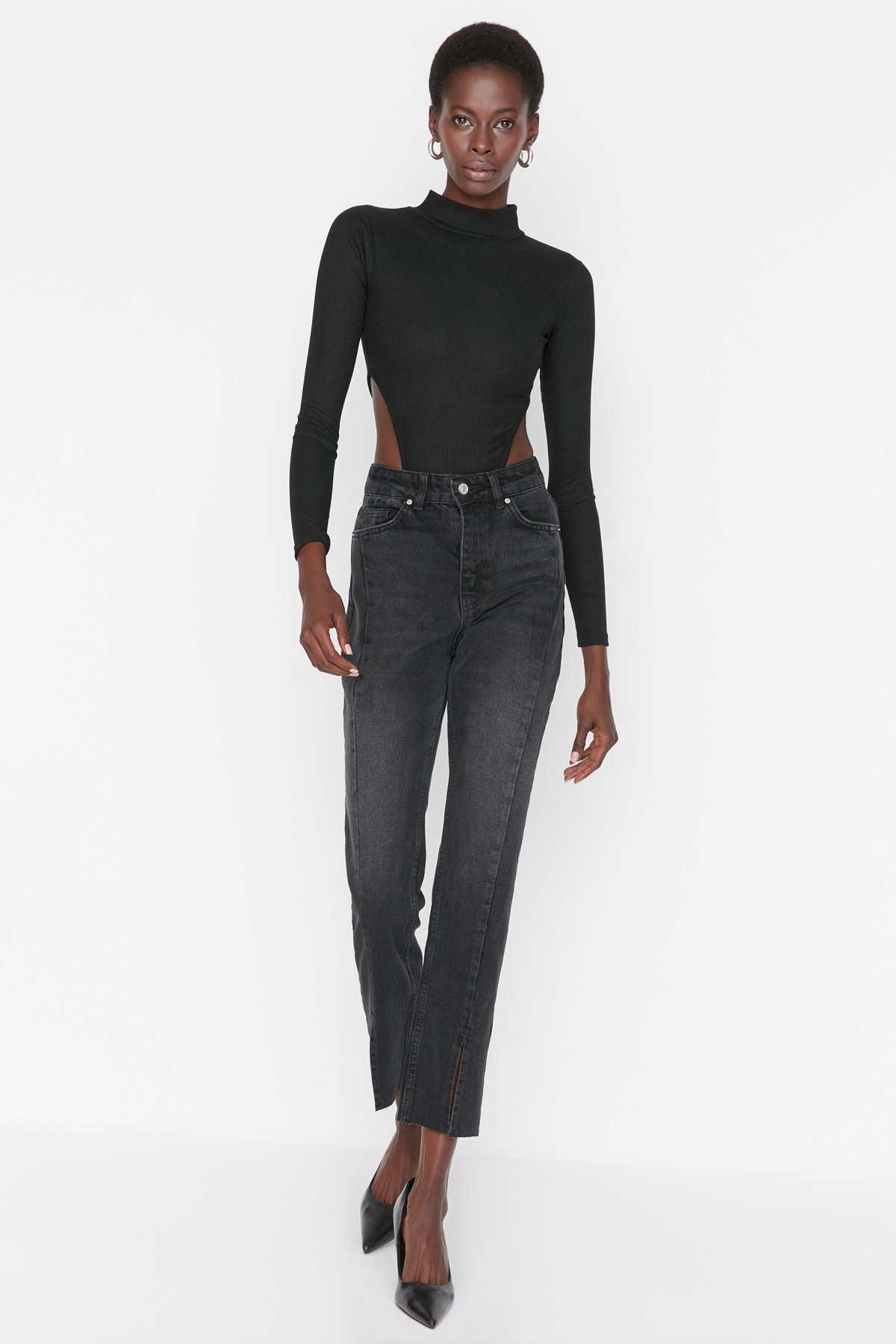 Trendyol Black Stitching Detailed High Waist Bootcut Jeans with Slits