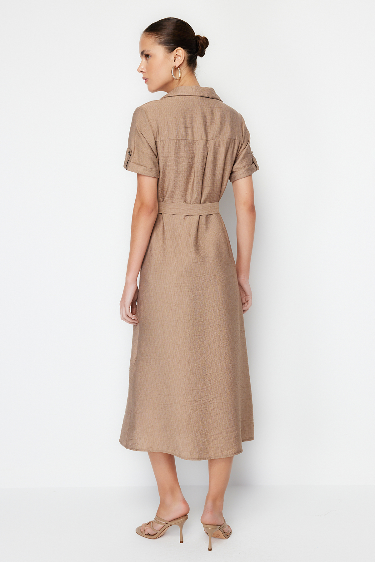 Trendyol Mink Belted Midi Woven Shirt Dress