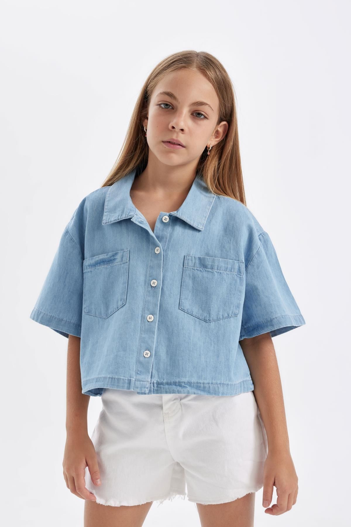 DEFACTO Girl's Boxy Fit Cotton Short Sleeve Shirt