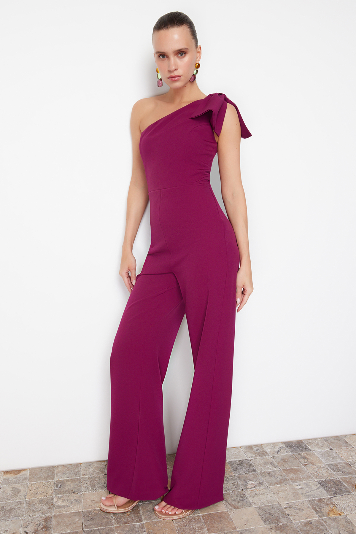 Trendyol Purple Bow Detailed Single Sleeve Woven Jumpsuit
