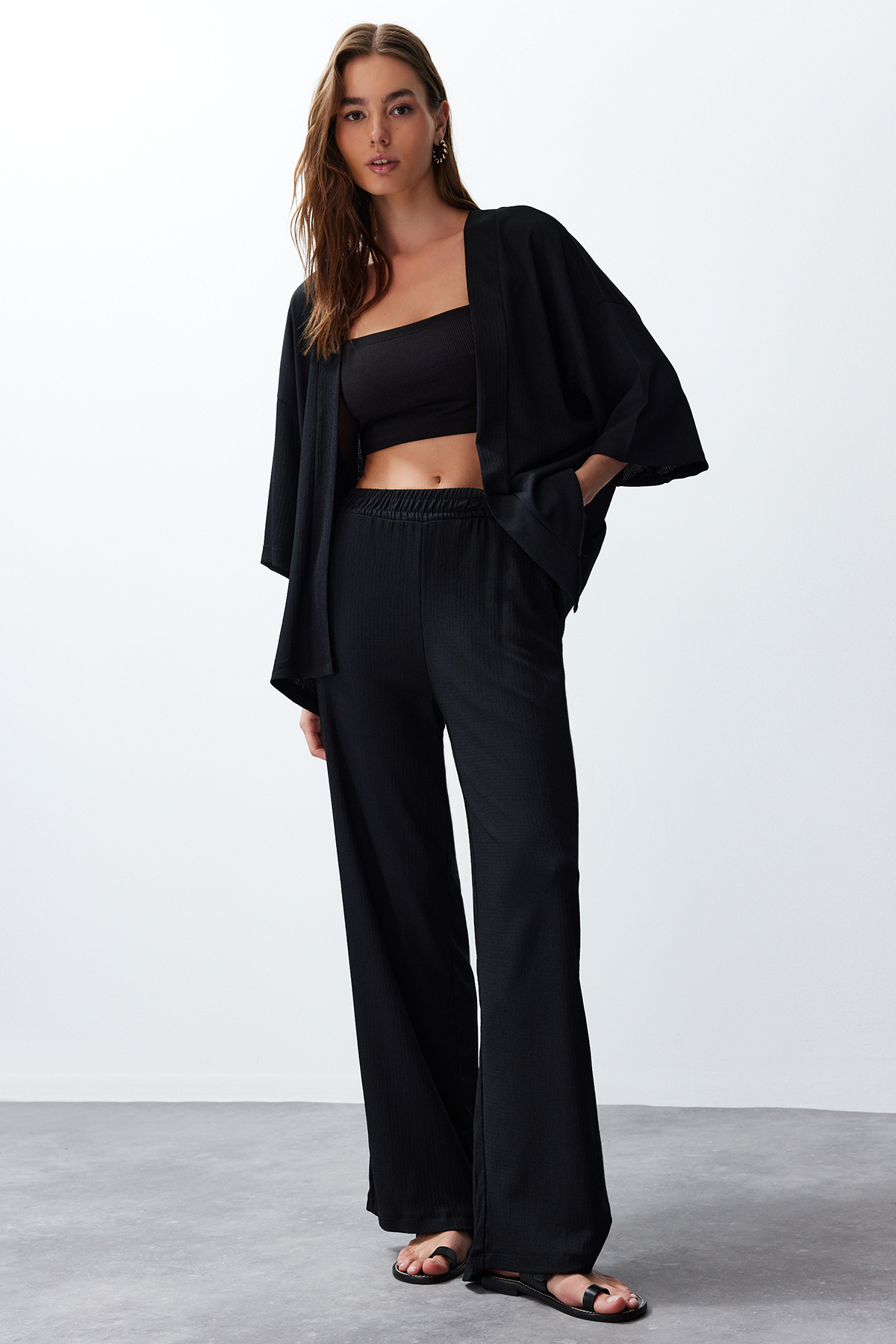 Trendyol Black Relaxed/Comfortable Cut Kimono Knitted Bottom-Top Set