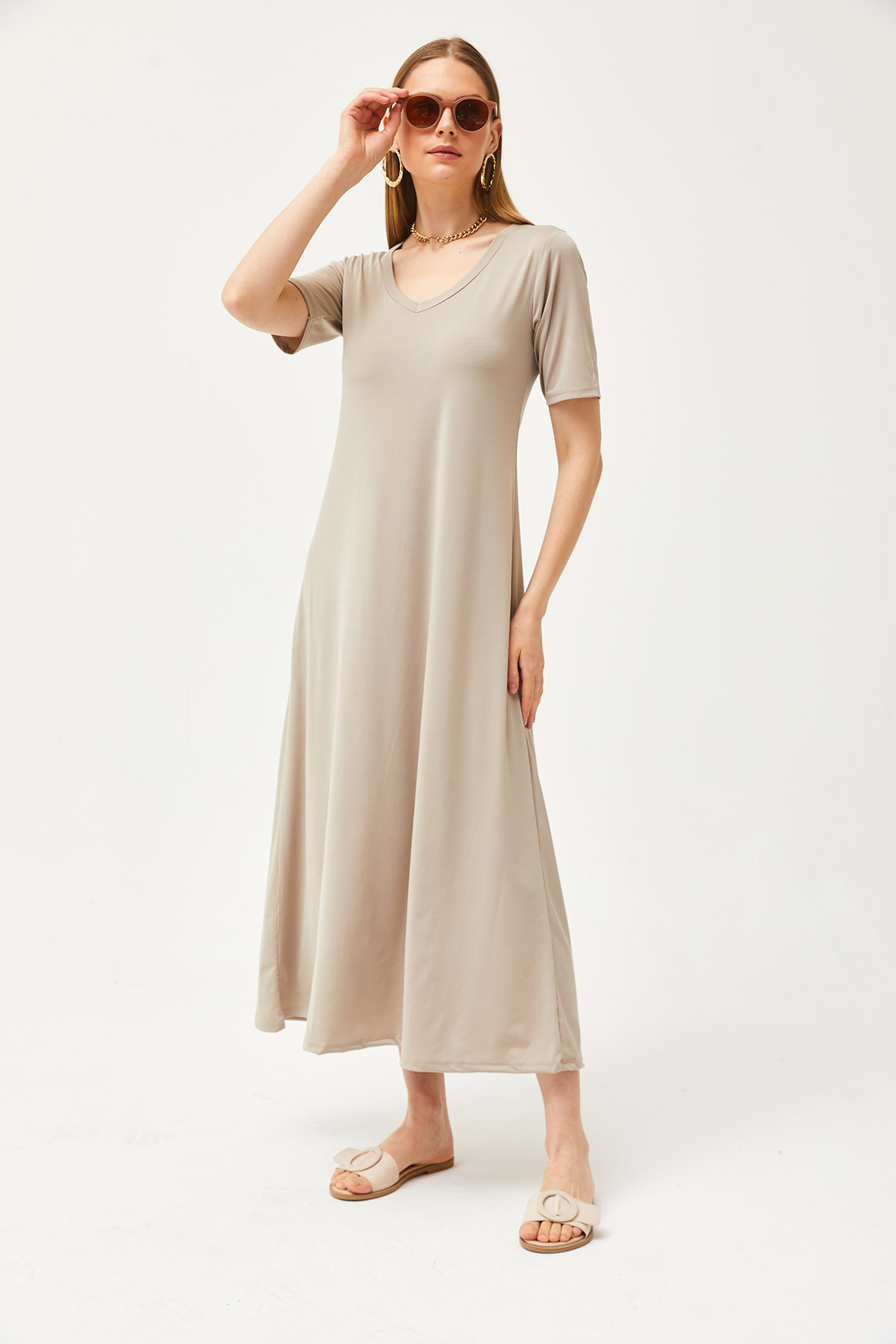 Olalook Women Stone V Neck Loose Maxi Dress