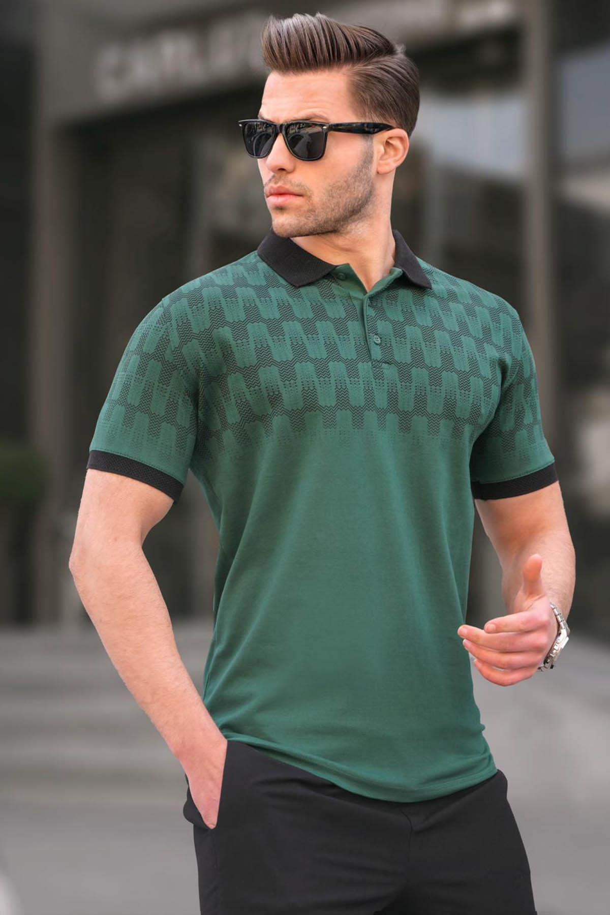 Levně Madmext Dark Green Slim Fit Patterned Men's Polo T-Shirt 6109