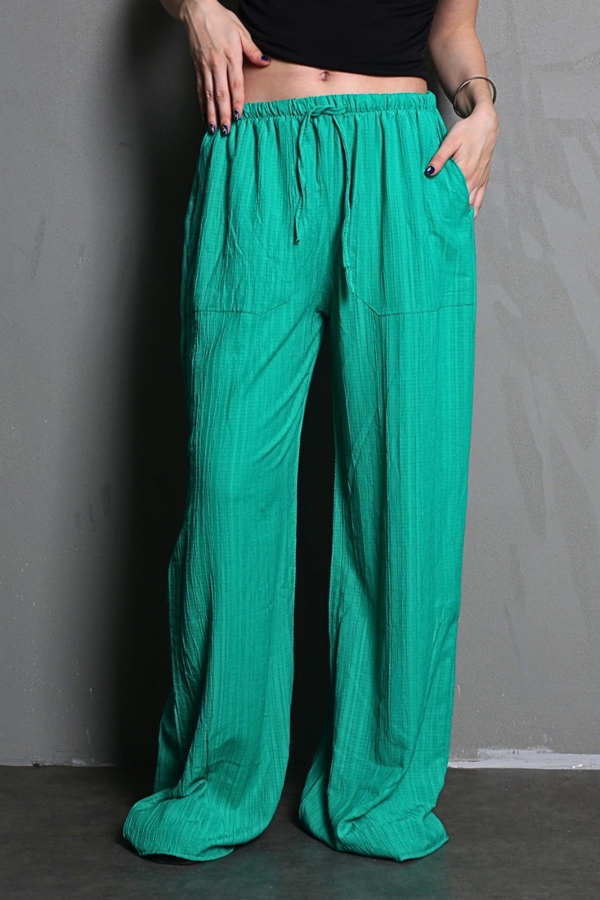 Levně Madmext Green Pocket Wide Leg Women's Trousers