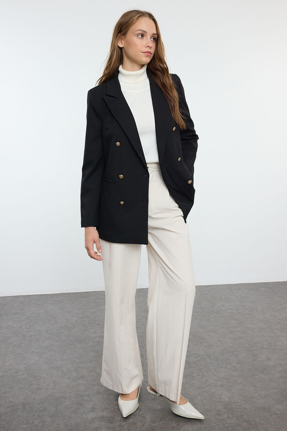 Trendyol Black Button Detailed Woven Blazer Jacket