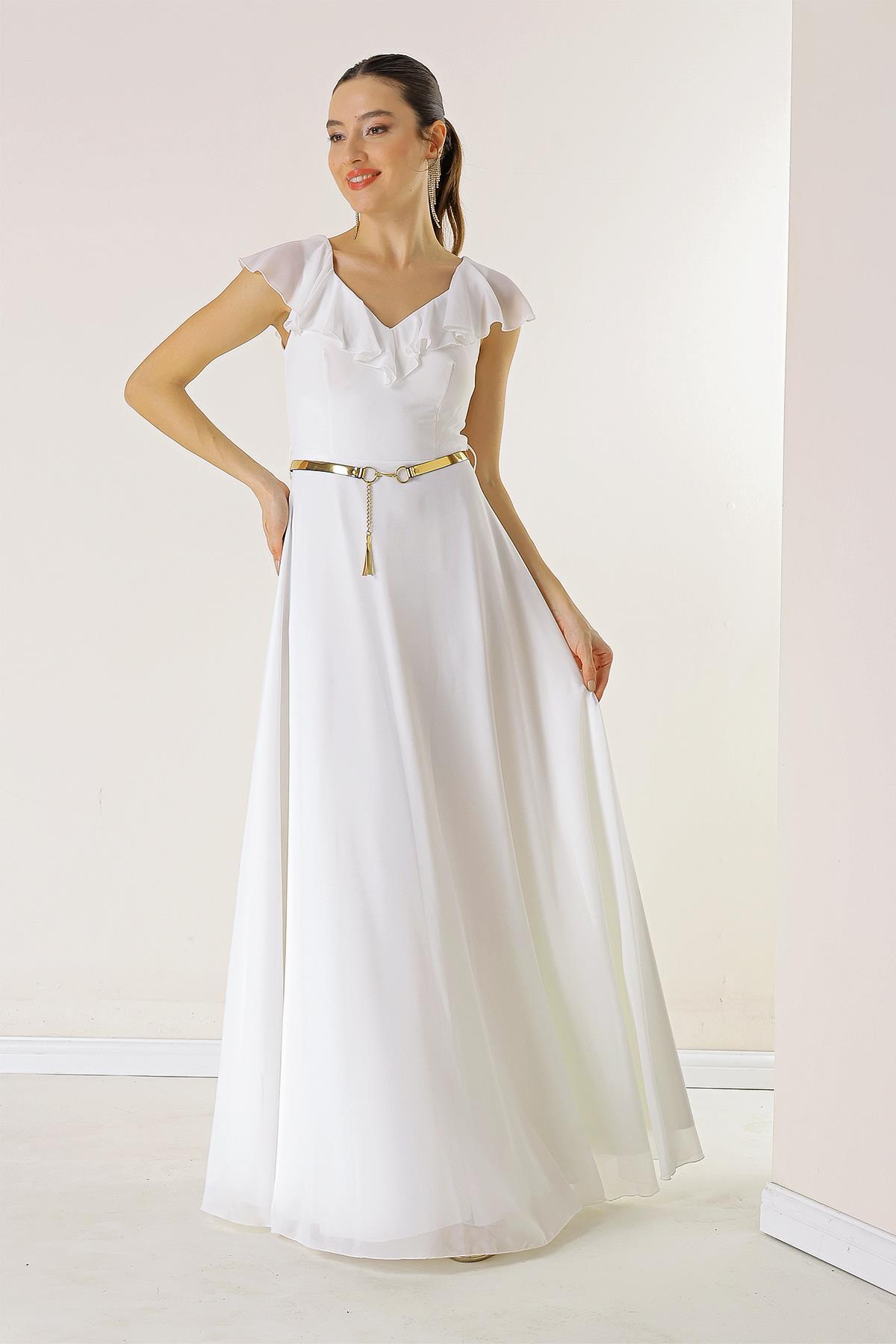 By Saygı Flounced Collar, Belted Waist, Lined Long Chiffon Dress