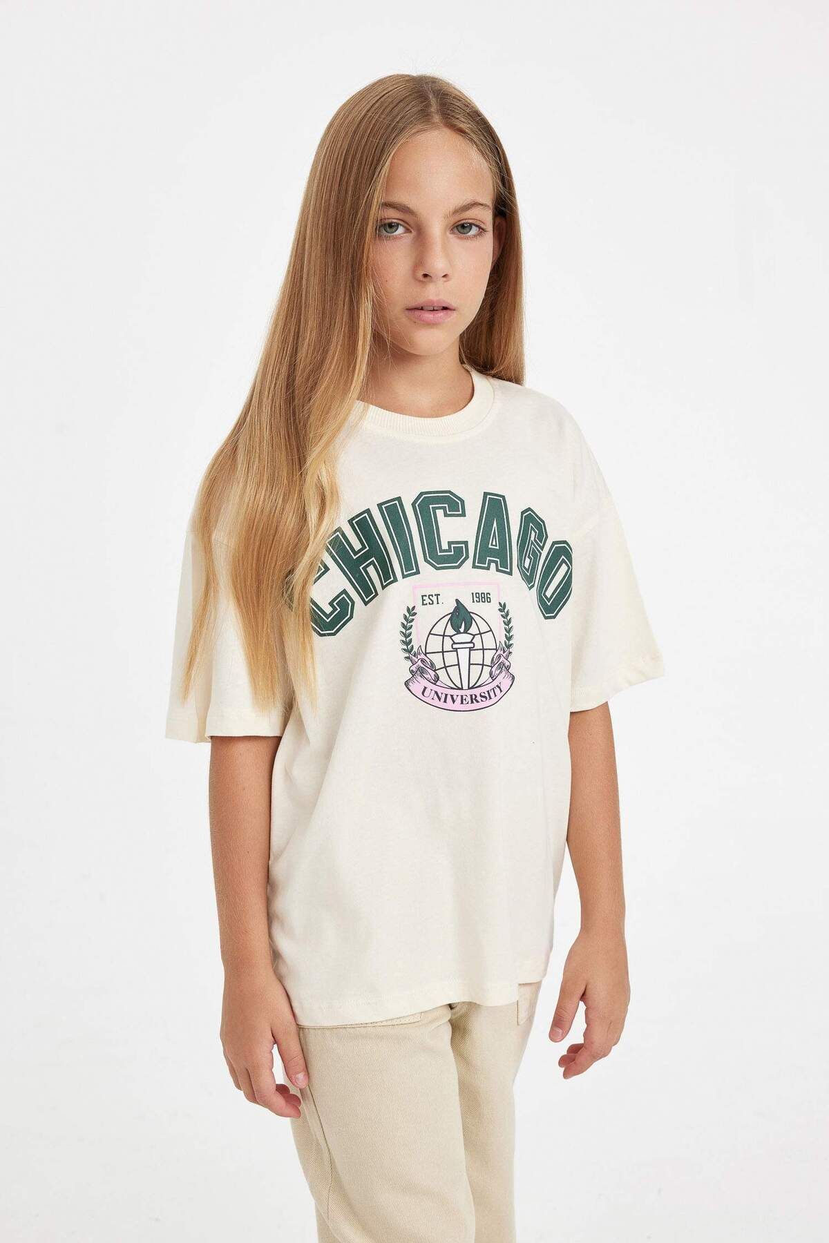 DEFACTO Girl Oversize Fit Crew Neck Printed Short Sleeve School T-Shirt