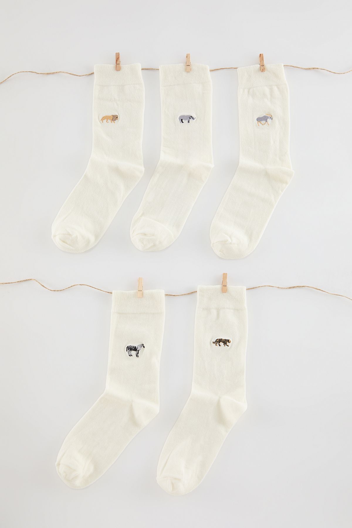 Trendyol Ecru Unisex 5 Pack Animal Embroidered Cotton Sock-Long Socks