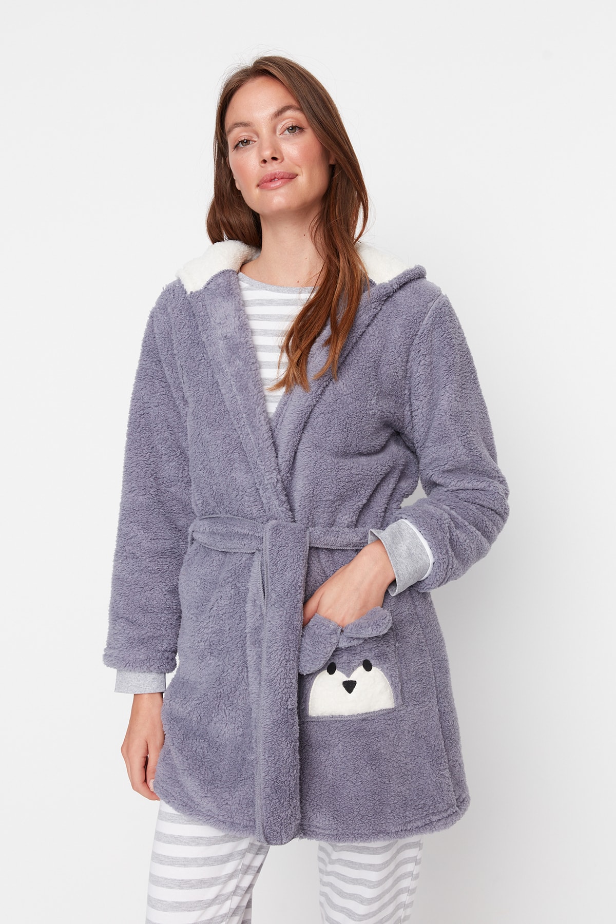 Levně Trendyol Gray Belted Animal Figure Pocketed Wellsoft Knitted Dressing Gown