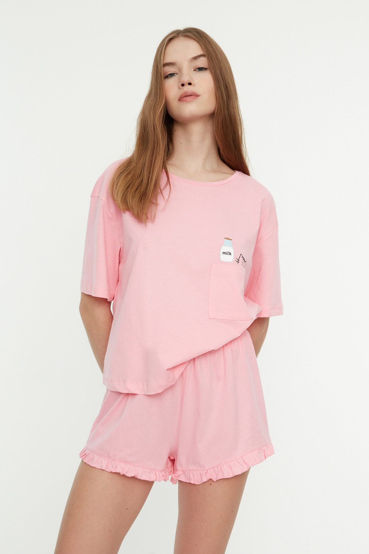 Levně Trendyol Pink Cotton Printed T-shirt-Shorts Knitted Pajama Set
