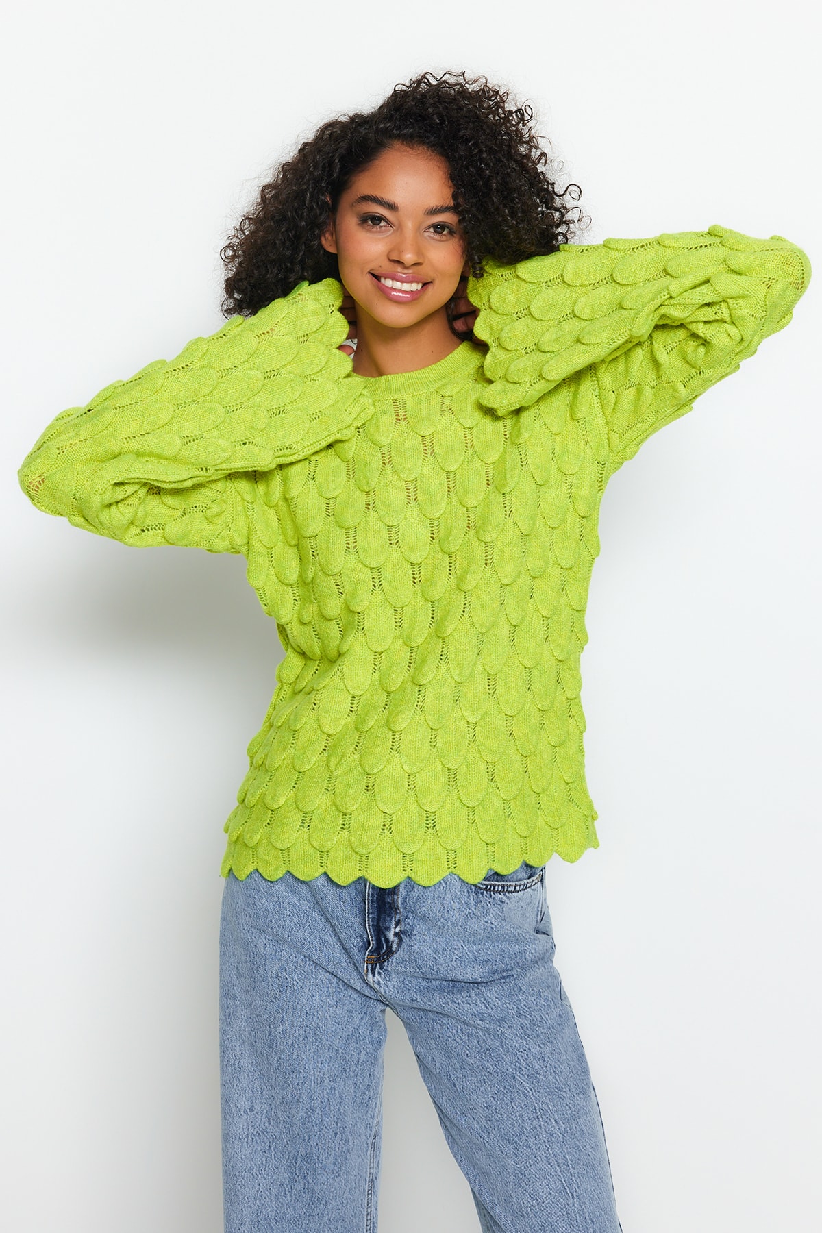 Trendyol Green Soft Textured Patterned Crewneck Knitwear Sweater