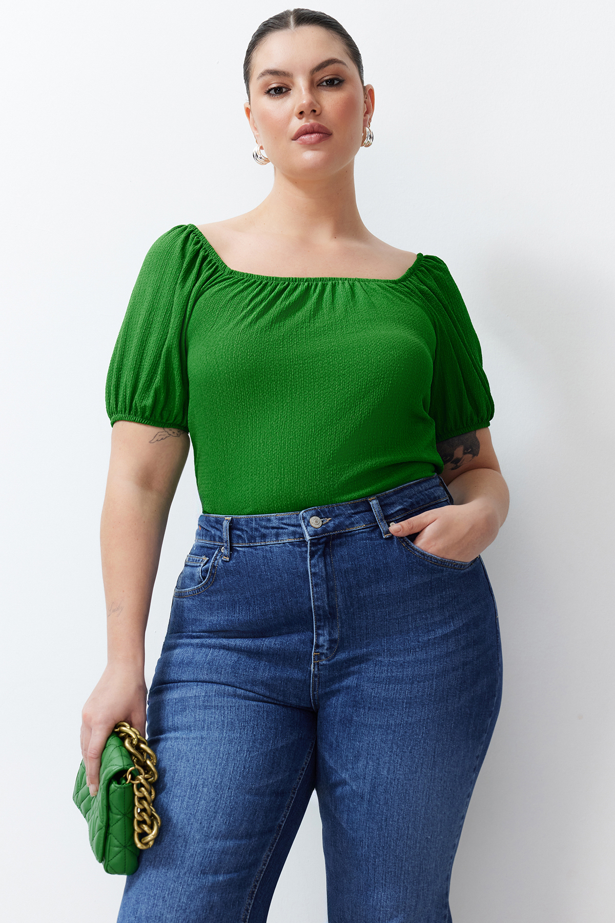 Levně Trendyol Curve Green Gathered Detailed Knitted Blouse