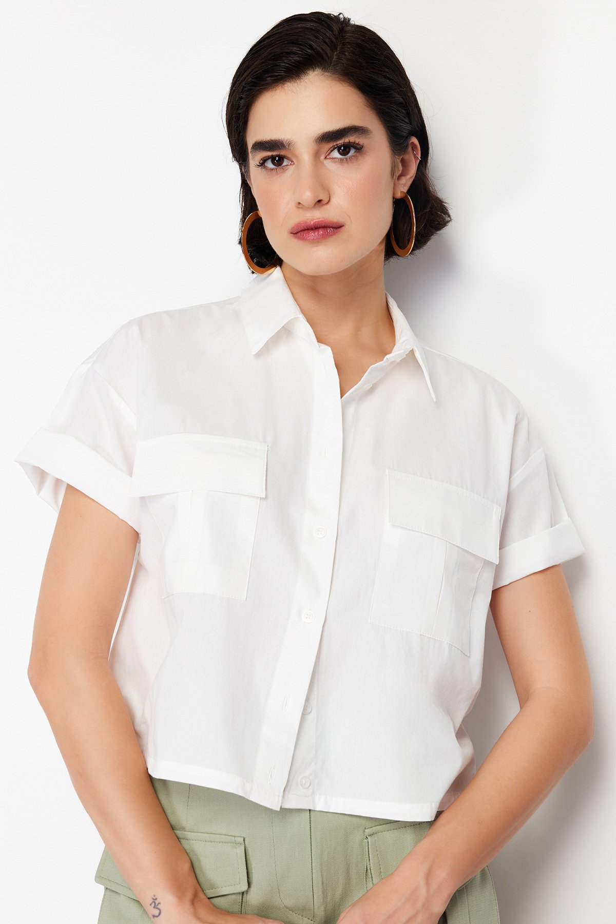 Trendyol Ecru Pocket Cotton Woven Shirt