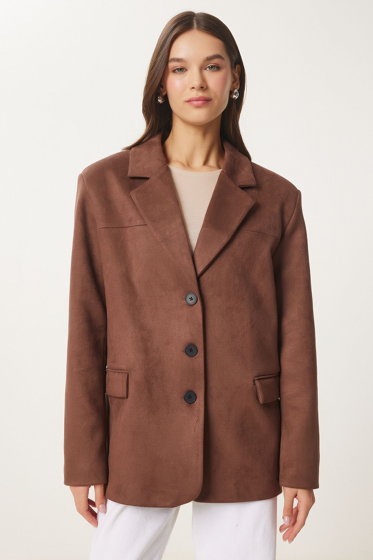 Happiness İstanbul Women's Cocoa Premium Suede Blazer Jacket