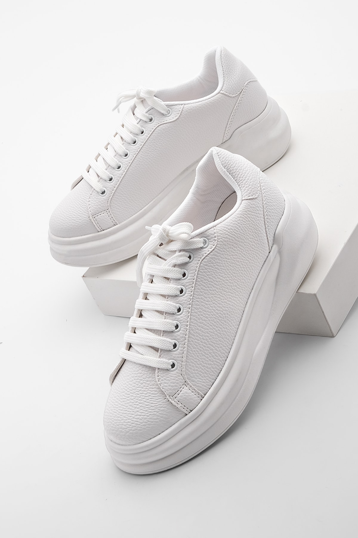 Marjin Women's Sneakers High-Sole Lace-Up Sneakers Bekor White