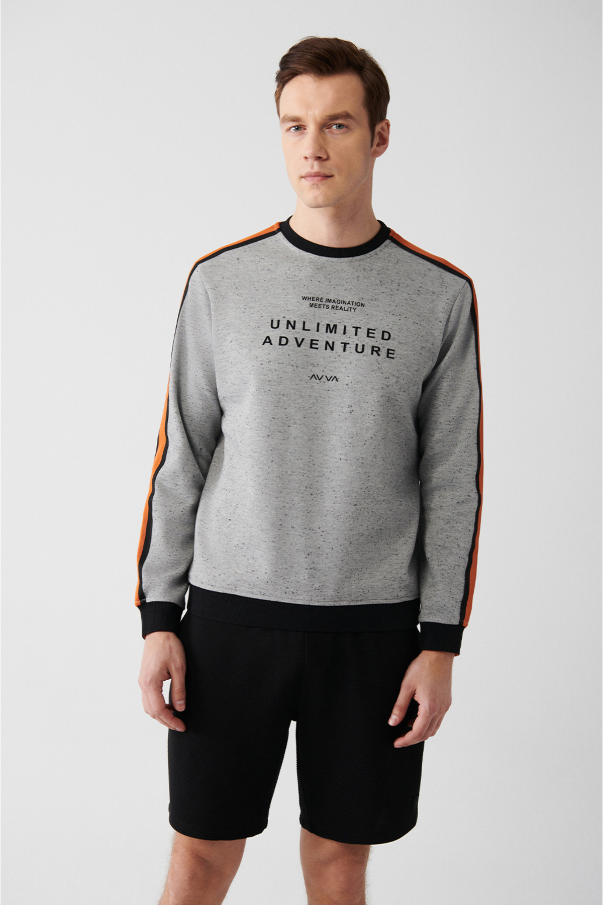 Levně Avva Men's Gray Easy Iron Crew Neck Shoulder Striped Printed Regular Fit Sweatshirt