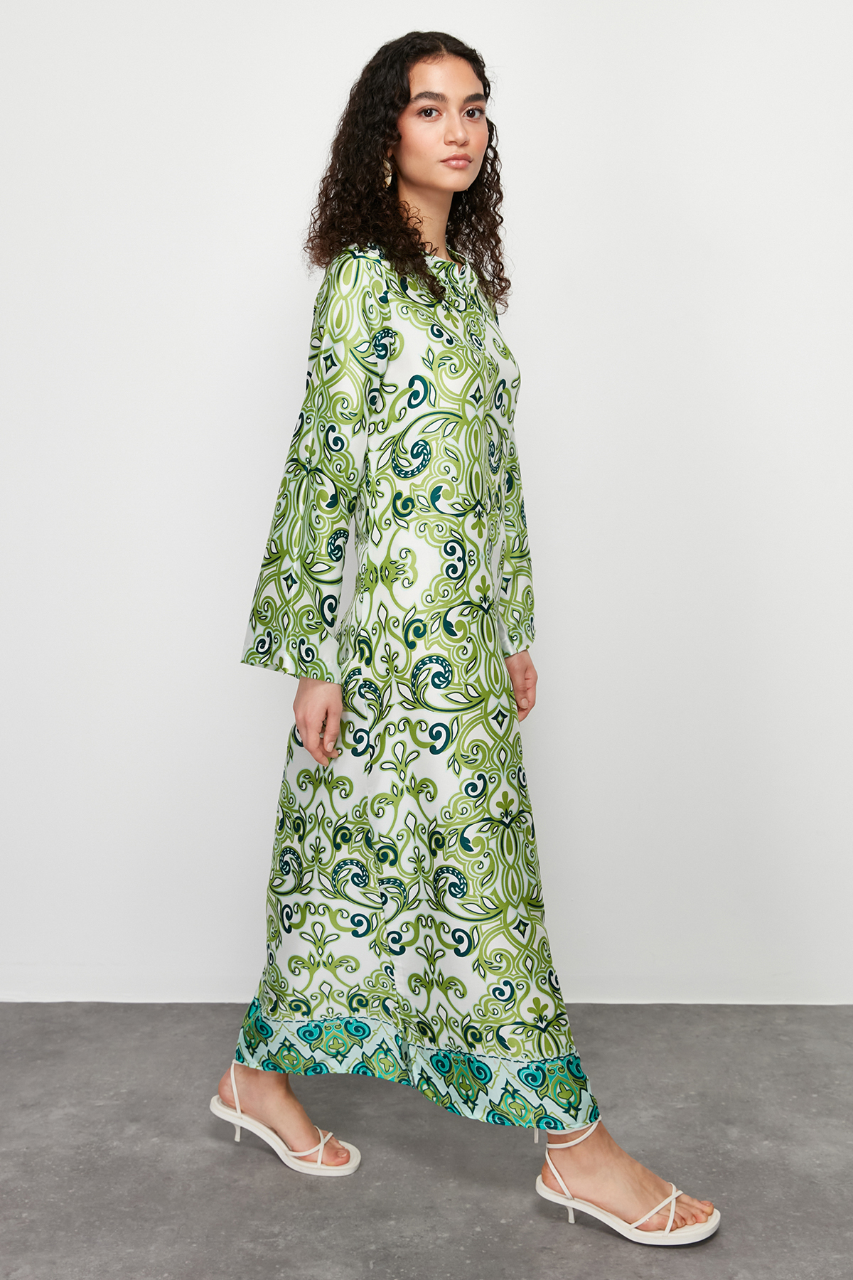 Trendyol Green Satin Surface Ethnic Patterned Evening Dress