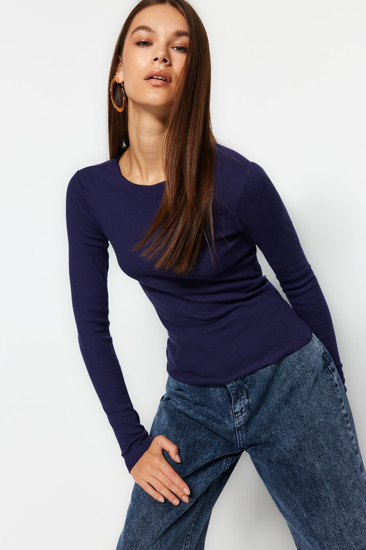 Trendyol Navy Blue Ribbed Crew Neck Fitted/Sticky Cotton Knitted Blouse